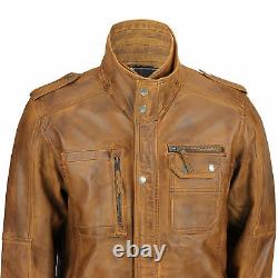 Mens Tan Brown Soft Real Leather Vintage Military Coat Smart Casual Field Jacket