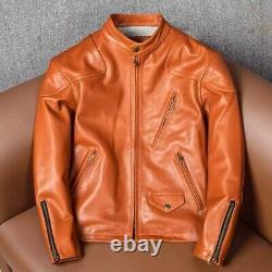 Mens Tan Brown Vintage Biker Slim Fit Motor Cycle Distressed Real Leather Jacket