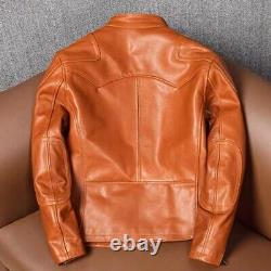 Mens Tan Brown Vintage Biker Slim Fit Motor Cycle Distressed Real Leather Jacket