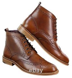 Mens Tan Leather Classic Retro Oxford Formal Laced Ankle Vintage Brogue Boots