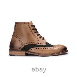 Mens Tan Leather Green Tweed Classic Oxford Formal Laced Vintage Ankle Boots