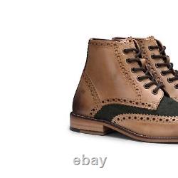 Mens Tan Leather Green Tweed Classic Oxford Formal Laced Vintage Ankle Boots