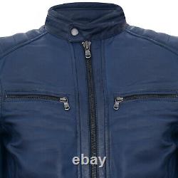 Mens Tan, Navy Leather Jacket Vintage Quilted Retro Racing Zipped Biker
