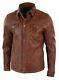 Mens Tan Timber Washed Slim Fit Shirt Jacket Retro Smart Casual Genuine Leather