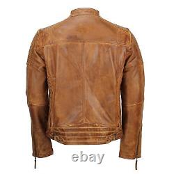 Mens Timber Tan Antique Washed Real Leather Vintage Biker Style Zipped Jacket