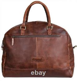 Mens Vintage Brown Tan Genuine Leather Overnight Travel Gym Duffle Luggage Bag