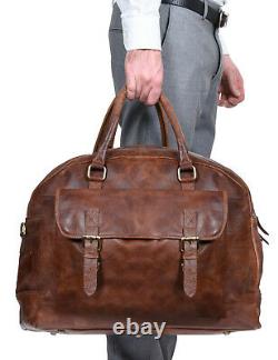 Mens Vintage Brown Tan Genuine Leather Overnight Travel Gym Duffle Luggage Bag