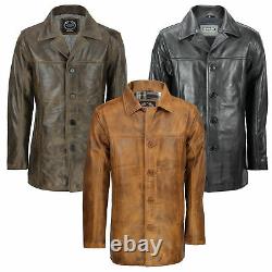 Mens Vintage Real Leather Black Tan Brown Classic Reefer Jacket Mid Length Coat