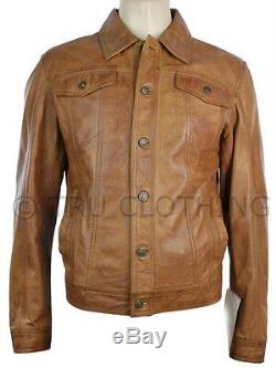 Mens Vintage Short Denim Style Retro Leather Jacket Tan Brown Casual