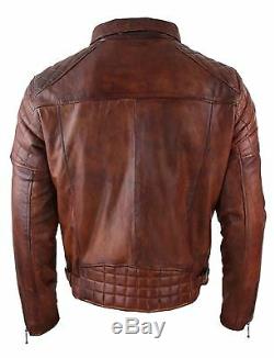 Mens Vintage Washed Tan Brown Real Leather Biker Jacket Cross Zip Retro Casual