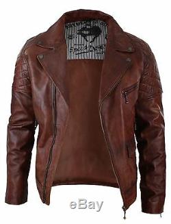 Mens Vintage Washed Tan Brown Real Leather Biker Jacket Cross Zip Retro Casual