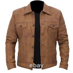 Mens Vintage Western Trucker Casual Tan Real Leather Shirt Jeans Jacket