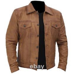 Mens Vintage Western Trucker Casual Tan Real Leather Shirt Jeans Jacket