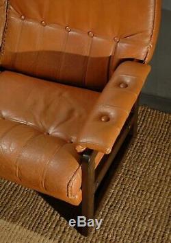 Mid Century Danish Tan Leather Sofa Oak Vintage