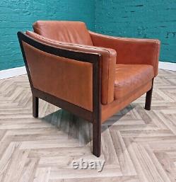 Mid Century Modern Retro Danish Tan Leather & Beech Lounge Arm Chair (1 of 2)