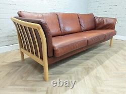 Mid-Century Modern Vintage Danish Tan Brown Leather 3 Seater Sofa by Skalma