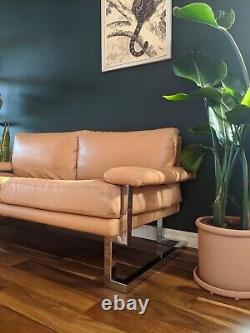 Mid Century Pieff Valentino Sofa 2-Seater Light Tan Leather Vintage Mandarin 70s
