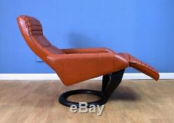 Mid Century Retro Danish Tan Leather Reclining Lounge Arm Chair by Bramin 1970s