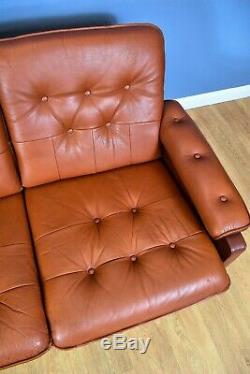 Mid Century Retro Vintage Danish Tan Brown Leather 3 Seat Sofa Settee 1960s 70s