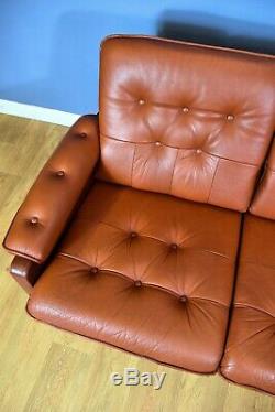 Mid Century Retro Vintage Danish Tan Brown Leather 3 Seat Sofa Settee 1960s 70s