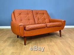 Mid Century Retro Vintage Danish Tan Leather 2 Seat Sofa Settee Loveseat 1960s