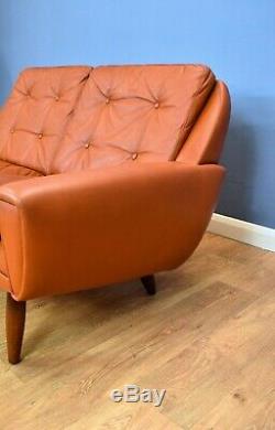 Mid Century Retro Vintage Danish Tan Leather 2 Seat Sofa Settee Loveseat 1960s