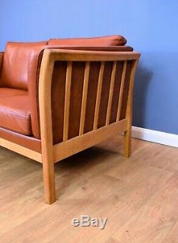 Mid Century Retro Vintage Danish Tan Leather & Beech Slatted 2 Seat Sofa Settee