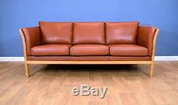 Mid Century Retro Vintage Danish Tan Leather & Beech Slatted 3 Seat Sofa Settee