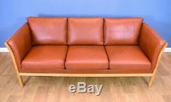 Mid Century Retro Vintage Danish Tan Leather & Beech Slatted 3 Seat Sofa Settee