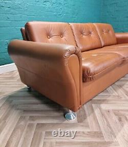 Mid Century Retro Vintage Danish Tan Leather & Chrome 3 Seat Sofa Settee 1970s