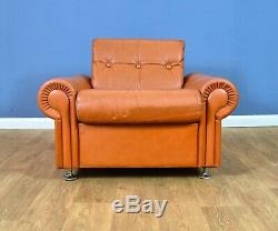 Mid Century Retro Vintage Danish Tan Leather & Chrome Lounge Arm Chair 1960s 70s