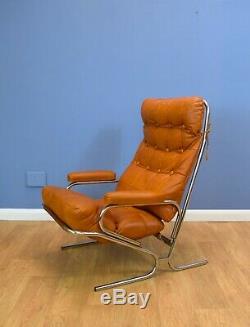 Mid Century Retro Vintage Danish Tan Leather & Chrome Lounge Armchair 1970s