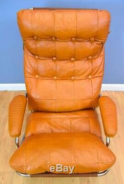 Mid Century Retro Vintage Danish Tan Leather & Chrome Lounge Armchair 1970s