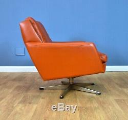 Mid Century Retro Vintage Danish Tan Leather Swivel Lounge Arm Chair 1960s 70s