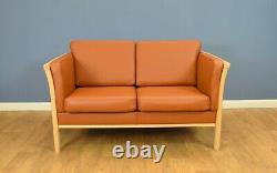 Mid Century Retro Vintage Danish Two Seat Tan Leather Sofa Settee Couch 1980S