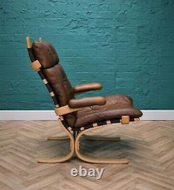 Mid Century Retro Vintage Norwegian Tan Leather Buttoned Lounge Armchair 1970s