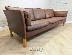 Mid-Century Vintage Danish Tan Brown Leather 3 Seater Sofa by Mogens Hansen