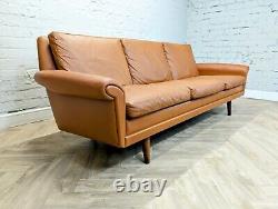 Mid-Century Vintage Danish Tan Leather 3 Seater Sofa by Aage Christiansen 1960s