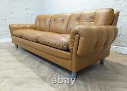 Mid-Century Vintage Retro Danish Caramel Tan Leather 3 Seater Sofa 1970s