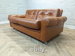 Mid-Century Vintage Retro Danish Tan Brown Leather & Chrome 2 Seater Sofa 1970s