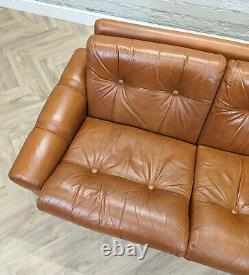 Mid-Century Vintage Retro Danish Tan Brown Leather & Chrome 2 Seater Sofa 1970s