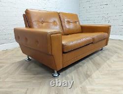Mid-Century Vintage Retro Danish Tan Leather & Chrome 2 Seater Sofa 1970s