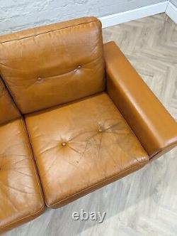 Mid-Century Vintage Retro Danish Tan Leather & Chrome 2 Seater Sofa 1970s