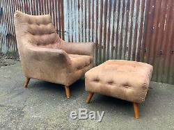 Mid century armchair and footstool tan leather, retro, vintage