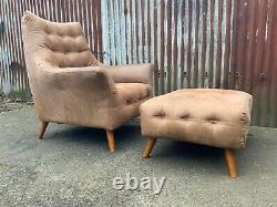 Mid century armchair and footstool tan leather, retro, vintage style