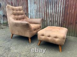 Mid century armchair and footstool tan leather, retro, vintage style