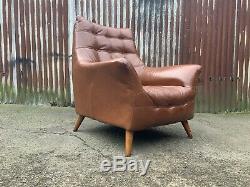 Mid century armchair, tan leather, retro, vintage