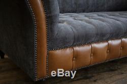 Modern 3 Seater Slate Grey Velvet & Vintage Tan Leather Chesterfield Sofa Couch