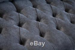 Modern 3 Seater Slate Grey Velvet & Vintage Tan Leather Chesterfield Sofa Couch