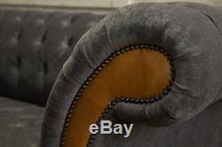 Modern 4 Seater Slate Grey Velvet & Vintage Tan Leather Chesterfield Sofa